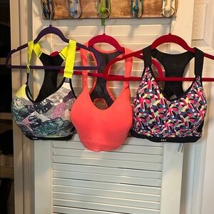 VSX Sports Bra Trio - Neon Coral, Abstract Print, Geometric Pattern all 36 DD